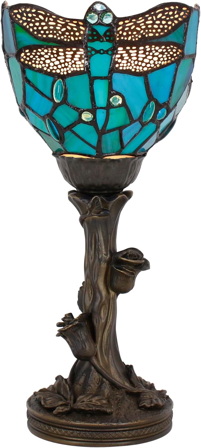 Small Tiffany Lamp Stained Glass Table Lamp Desk Uplight 6X6X13.5 Inch for Bedroom Bedside Office (Green Dragonfly) - Bloomnest