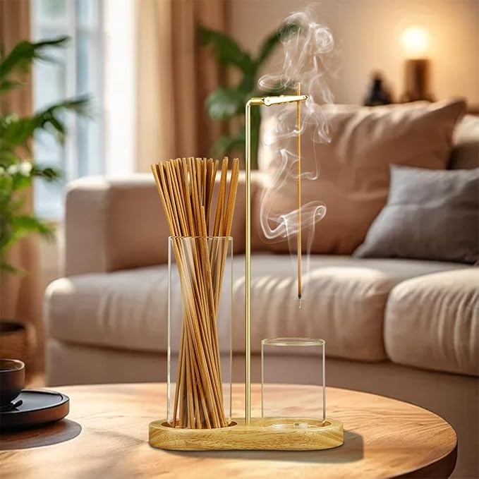 2 in 1 Incense Holder for Sticks, Anti-Ash Flying Incense Burne with Glass Ash Catcher and Incense Sticks Organizer for Meditation Yoga Spa Home Decor (Light Base) - Bloomnest