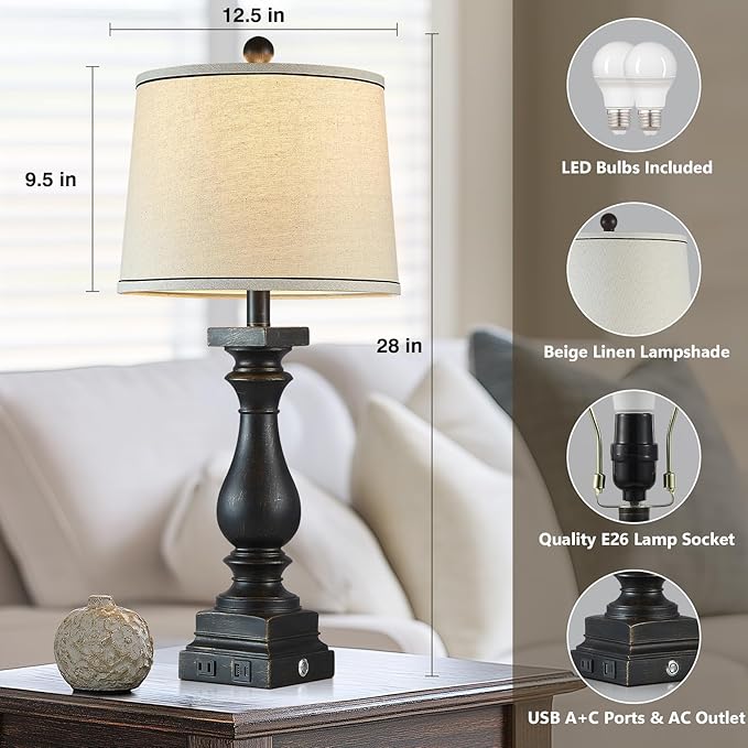 28" Tall Farmhouse Table Lamps Set of 2 with USB C+A Ports and AC Outlet, 3 Way Touch Control Rustic Bedside Lamp for Bedroom, Black Vintage Nightstand Lamp for Living Room Office - Bloomnest