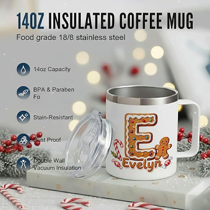 Personalized Christmas Mug | Custom Gingerbread Initial Insulated Coffee Cup with Handle & Lid | 12oz Holiday Tumbler, Cute Stocking Stuffer Gift for Women & Kids (B01) - Bloomnest