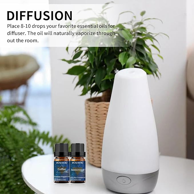 BURIBURI Sandalwood Oil Essential Oil and Coffee Essential Oil 10ml, 100% Pure Coffee Fragrance Oil for Diffuser, Massage BURIBURI