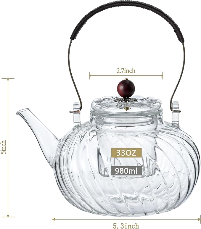 Glass Teapot with Removable Infuser, Stovetop Safe Glass Tea Kettle, 980 ml 33 oz, Clear Teapot for Loose Tea, Tea pot for Blooming Flower Tea and Loose Leaf, Tea Maker Gift - Bloomnest