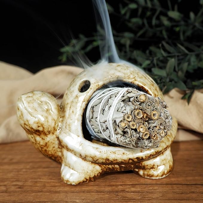 Handcrafted Brown Ceramic Turtle Mini Chiminea Palo Santo Burner Holder ，for Burning Sage、Cone Incense、Copal&Small Candle，Thoughtful Gifts for Meditation, Yoga, Aromatherapy Altar、Zen Spaces MOUGIGI