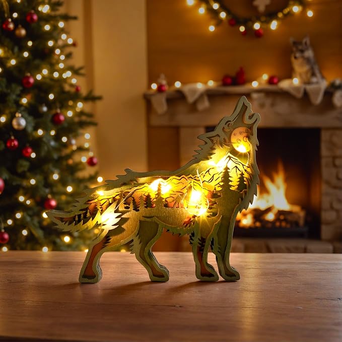3D Wood Carving Animals Lamp Home Decorative, Cute Bear Family Elephant Presents Ideas Christmas Living Room Office Decor Warm LED Night Lights Gift for Friend Daughter Son Mom Dad (Wolf) - Bloomnest