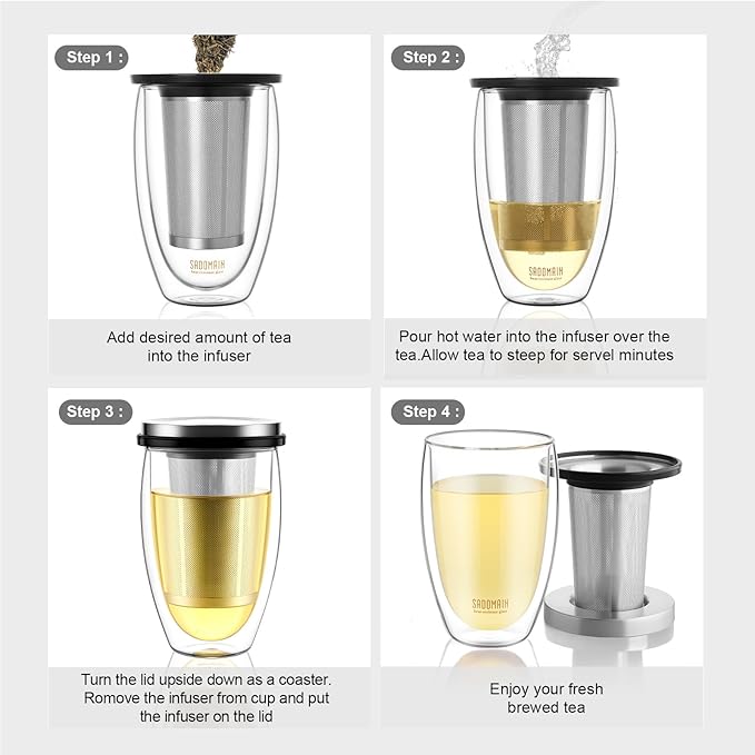 Glass Tea Cup with Infuser and Lid, Tea Infuser Mug in 12 OZ/350ML, Heat-Proof Double Wall Glass Tea Cup, 100% Plastic-Free Tea Mug with Lid and Strainer, Keeps Drinks Hot/Cold Longer Time - Bloomnest