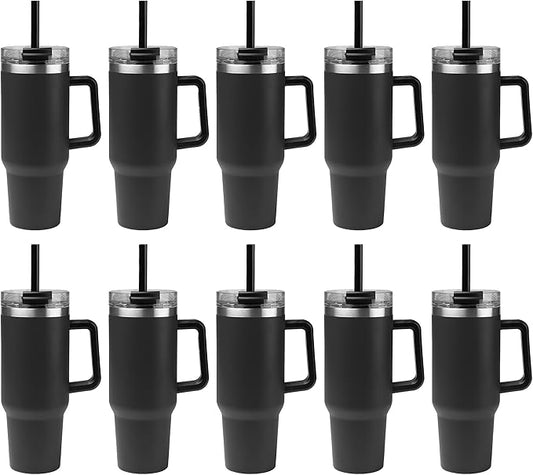 10 Ct of 40 Oz Intrepid Stainless Steel Tumbler with Lid, Straw & Handle – Black – Customizable Insulated Cups for Water, Coffee, Hot & Iced Drinks – Great for DIY, Events, Work - Bloomnest