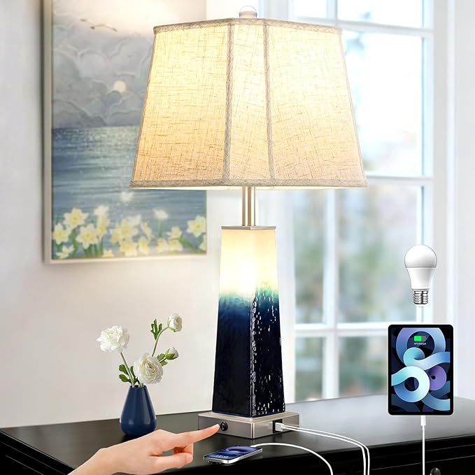Coastal Blue Glass Table Lamp with Night Light & USB C+A Ports - 28" Extra Large Bedroom Lamp with Integrated Fabric Lampshade for Living Room Nightstand, Bulb Included, 1Pack - Bloomnest