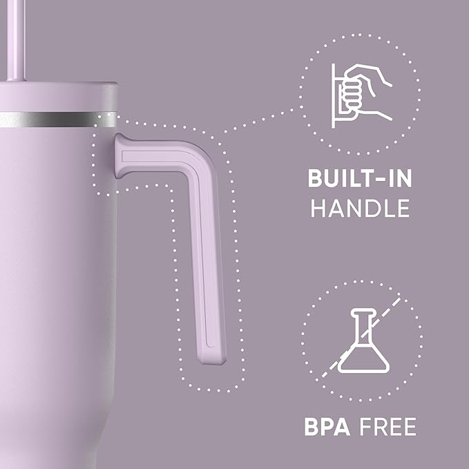 Hydrapeak Voyager 40 Oz Stainless Steel Tumbler with Handle, Insulated Water Bottle With Straw & Lid, Cupholder Friendly Reusable Travel Mug (Blush) - Bloomnest