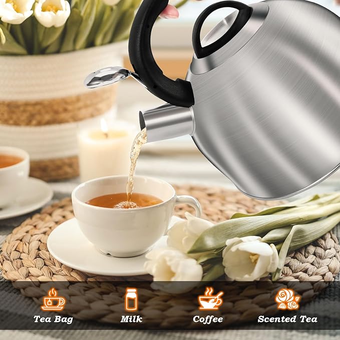 Whistling Stovetop Tea Kettle, 3L Food-Grade 304 Stainless Steel Teapot, Ergonomic Handle,Hot Water Quick Boil,All Metal Stove Kettle Rust Resistant and Durable,With Anti-Scald Towel(Silver) - Bloomnest