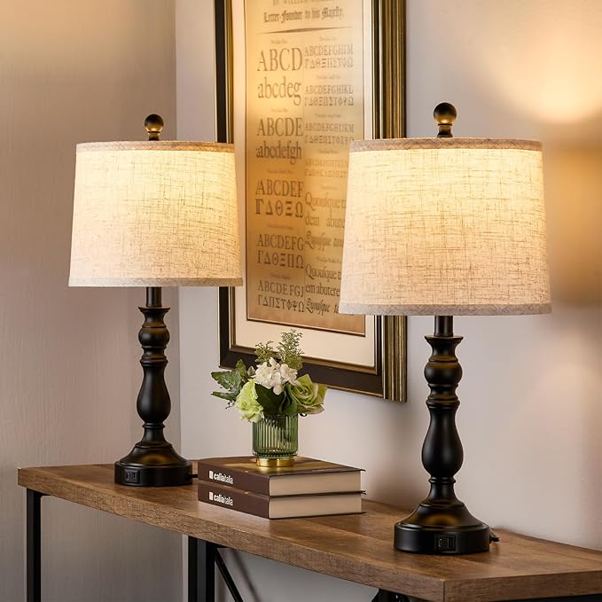 23'' Farmhouse Table Lamps for Living Room Set of 2 with USB C+A Ports, Retro Bedside Lamp for Bedroom, Office, Dining Room, Knob Switch, 3 Color Temperatures, Bulb Included, Black - Bloomnest