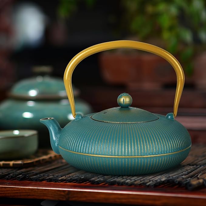 Green Cast Iron Teapot Large Capacity 40oz/1200ml with Infuser for Loose Leaf Stovetop Safe Vertical Stripe Flat Tea Kettle, Enameled Interior - Bloomnest