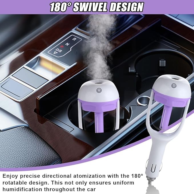 Car Humidifier, Portable Mini Aromatherapy Essential Oil Diffuser, 180-Degree Rotation Cool Mist Humidifier, Vehicle Air Freshener Diffuser with 12V Charging Port for Home Office (Purple) - Bloomnest