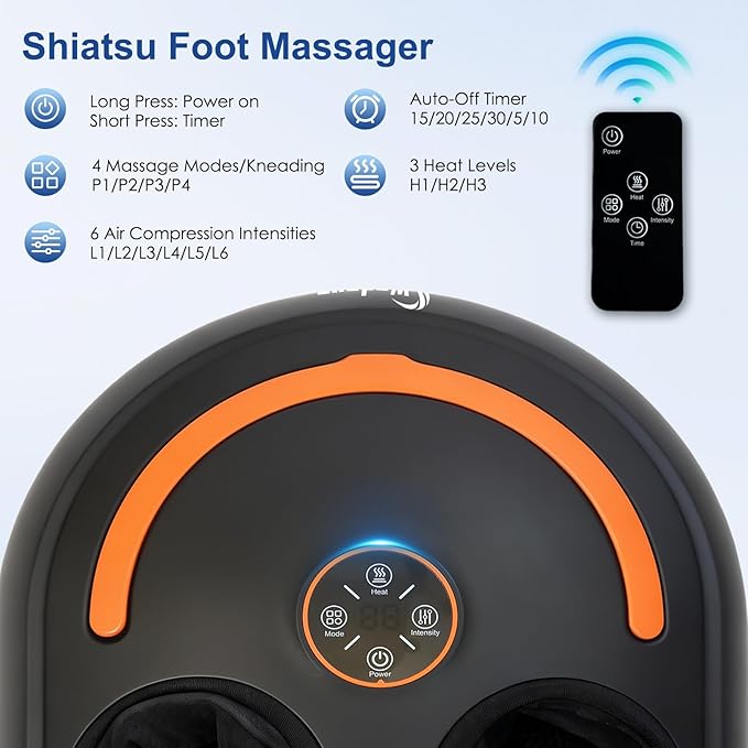 Shiatsu Foot Massager Electric Feet Massage Machine Deep Kneading Relief for Plantar Fasciitis, Air Compression, 3 Heat Levels Relax for Home Office Use, Christmas Gifts for Women Mom Dad Black - Bloomnest