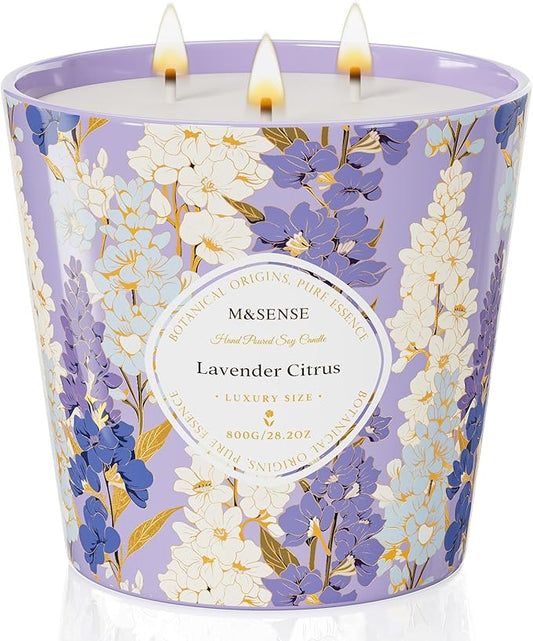 M&SENSE Lavender Citrus Scented Candle, 28.2oz 3 Wick Natural Soy Wax Large Candles, Long Lasting Clean Slow Burning No Toxic Décor for Home Relaxation, Romantic Dates & Gift-Giving - Bloomnest