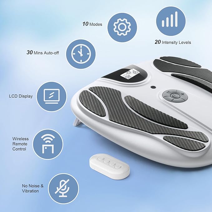 FSA EMS Foot Massager-Electronic Muscle Stimulator Relief for Neuropathy, Plantar Fasciitis & Foot Pain- 10 Modes, 20 Intensities, Remote - Silent Operation - Bloomnest