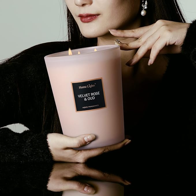 HomeLights Scented Candles | Large Jar Candle-33.3 Oz. Natural Soy Aromatherapy Candles | Up to 130 Hours Burn Time with 3 Cotton Wicks, Home Decorative Fragrance Candles Gift - Velvet Rose Oud - Bloomnest