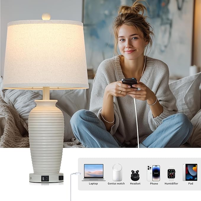 25" Vintage Farmhouse Jar Table Lamps, Single Rustic Bedside Lamp with USB A+C Ports & AC Outlet, Nightstand Lamps for Living Room, Bedroom, End Table, Cream(LED Bulb Included) - Bloomnest