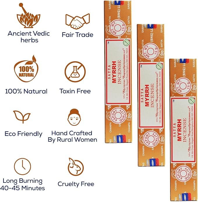 Satya Myrrh Incense Sticks, Satya 15gmx12 Pack with Raajsee Incense Holder Bundle, Satya Nagchampa Natural Incense - Bloomnest
