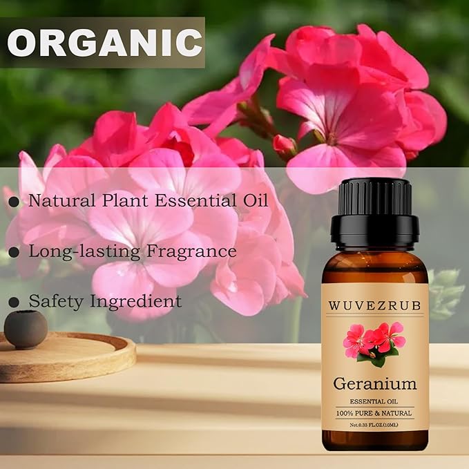 Geranium Essential Oil 10ML - 100% Pure and Natural for Aromatherapy Diffuser - 0.33 Fl Oz WUVEZRUB