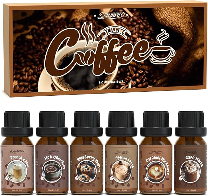 SALUBRITO Coffee Fragrance Oils Set, Premium Essential Oils for Diffuser, Candle, Soap Making, Blueberry Muffin, Eggnog Latte, Caramel Machhiato, Cafe Mocha, French Vanilla, Hot Chocolate, Scented Oil - Bloomnest