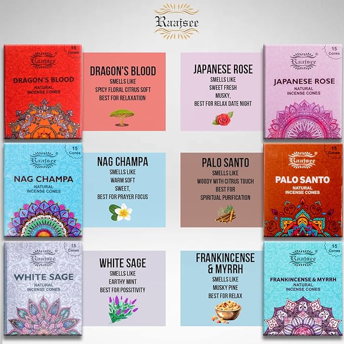 Raajsee Natural Incense Cones,6 Pack Mixed Scents Gift Pack 15 pc Each (90 Total), Insense Cones Variety Pack, 100% Organic Non Toxic Natural - Hand Rolled Free from Chemicals (Pack 2) RAAJSEE