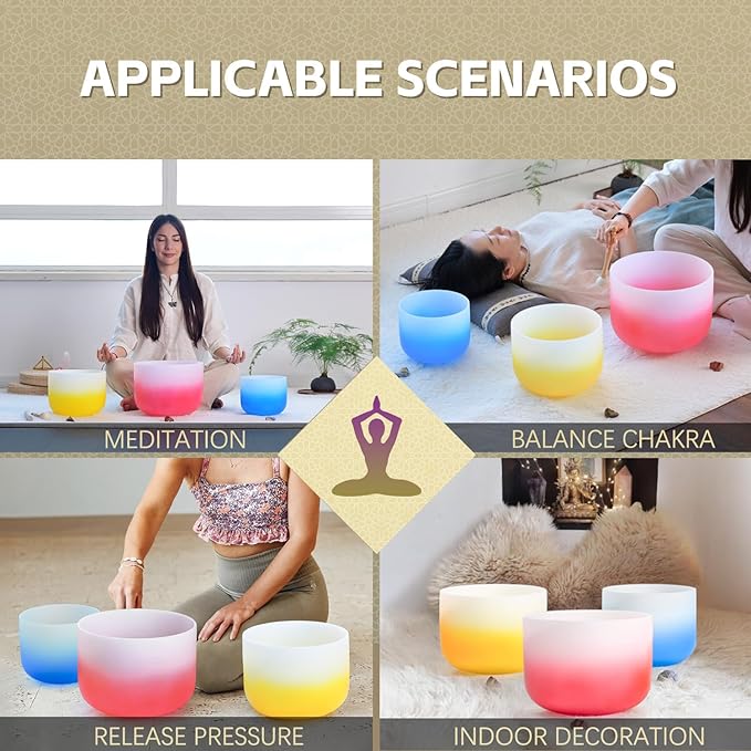 432HZ PCS Aria Gradient GEC Crystal Singing Bowl Set of 3, 8"G Throat, 10"E Solar Plexus, 12” Root with Case Suede Striker & O-Ring Sound Therapy for Reiki, Healing Energy - Bloomnest