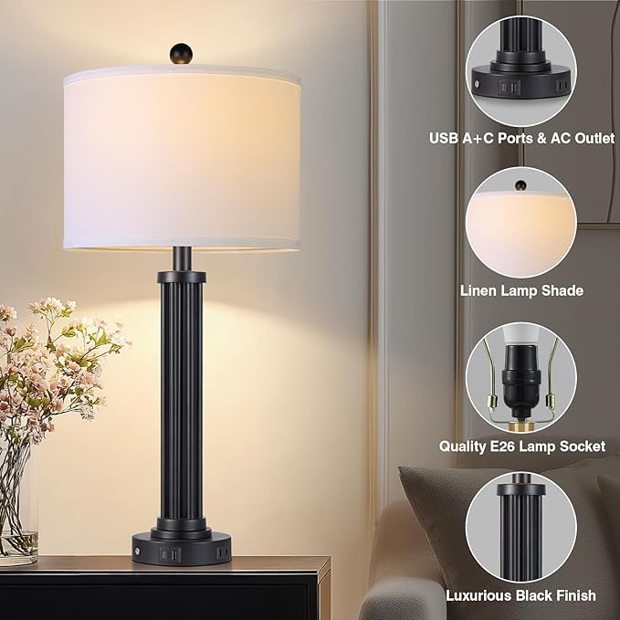 28" Tall Modern Table Lamps Set of 2 with USB C+A Ports and AC Outlet, 3 Way Touch Metal Bedside Lamps for Living Room, Black Nightstand Lamps for Bedroom - Bloomnest