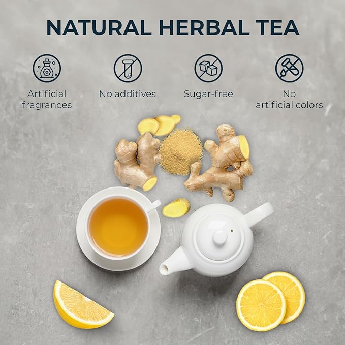 Ginger Lemon Tea Bags - 55 Count (+5 Tea Bags) - 5.22 oz, Refresh Sour, Re-Steep Herbal Detox Tea Blend for NaturalSupport and Body Warm, Energy Support, Bamboo Tong Include - Bloomnest