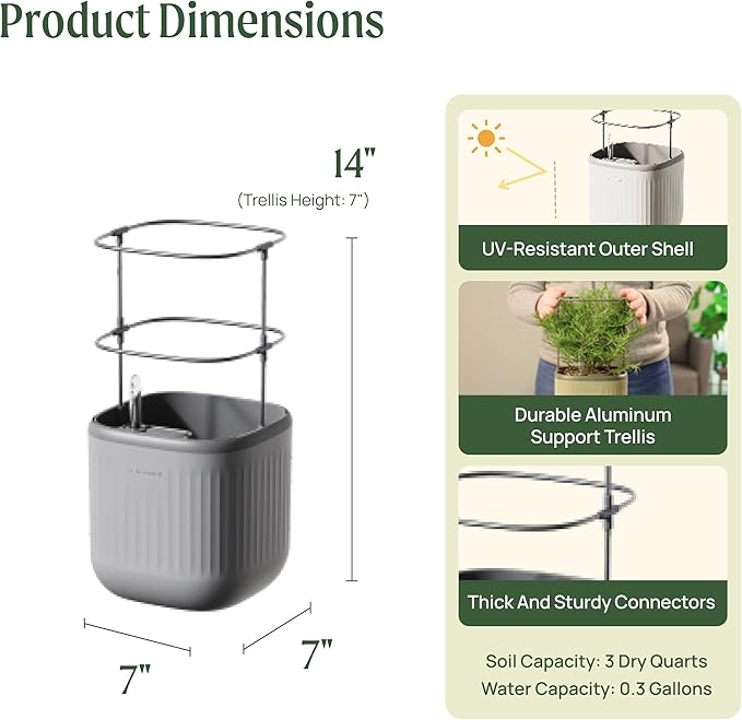 Vego garden Mini Planter Indoor Pots with Trellis Self-Watering Herb Countertop Planter for Climbing Vegetables Flowers Mint Plants Cage- Fog Gray - Bloomnest
