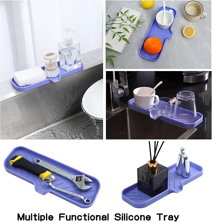 Silicone Bathroom Soap Dishes with Drain Spout-Bathroom and Kitchen Sink Organizer,Sponge Holder,Dish Soap Tray,Perfect for Dispenser,Scrubber,Bottle on Sink or Counter-Light Purple 12"×4" - Bloomnest