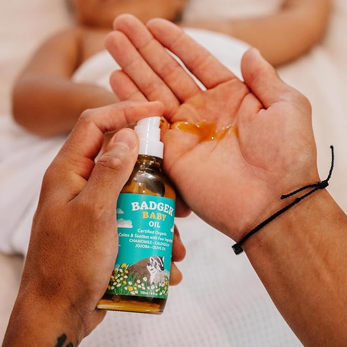 Badger Baby Oil, 100% Organic Ingredients to Soften & Moisturize Dry Skin or Cradle Cap, Soothing Vegan Organic Baby Oil, 4 fl oz Glass Bottle - Bloomnest