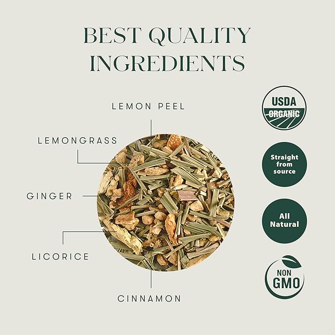 Luxmi Estates Organic Lemon Ginger Tea (50 Tea Bags), Lemon Peel, Ginger, Lemongrass and Licorice for sore throat, aids digestion, help with Nausea, and Uplifts Your Mood - Bloomnest