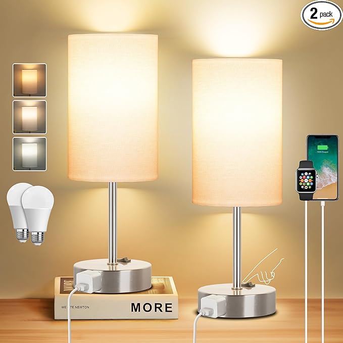 ZJOJO Table Lamp for Bedroom Set of 2, Bedside Small Lamps with 3 Way Dimmable Rocker Switch and AC Outlet, Nightstand Desk Lamp with White Fabric Shade Nickel Base for Living Room Home Decor Lights - Bloomnest