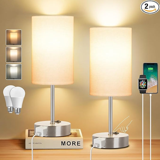 ZJOJO Table Lamp for Bedroom Set of 2, Bedside Small Lamps with 3 Way Dimmable Rocker Switch and AC Outlet, Nightstand Desk Lamp with White Fabric Shade Nickel Base for Living Room Home Decor Lights - Bloomnest
