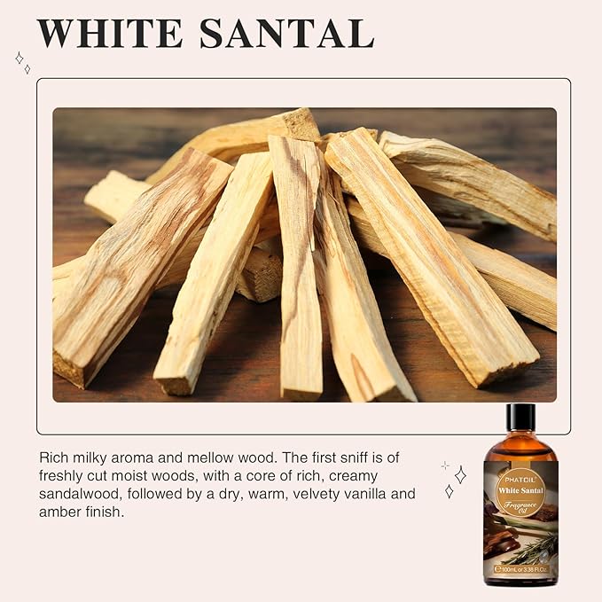 PHATOIL 3.38FL.OZ White Santal Fragrance Oils for Aromatherapy, Essential Oils for Diffusers for Home, Perfect for Diffuser, Yoga, Skin Care, DIY Candle and Soap Making - 100ml - Bloomnest