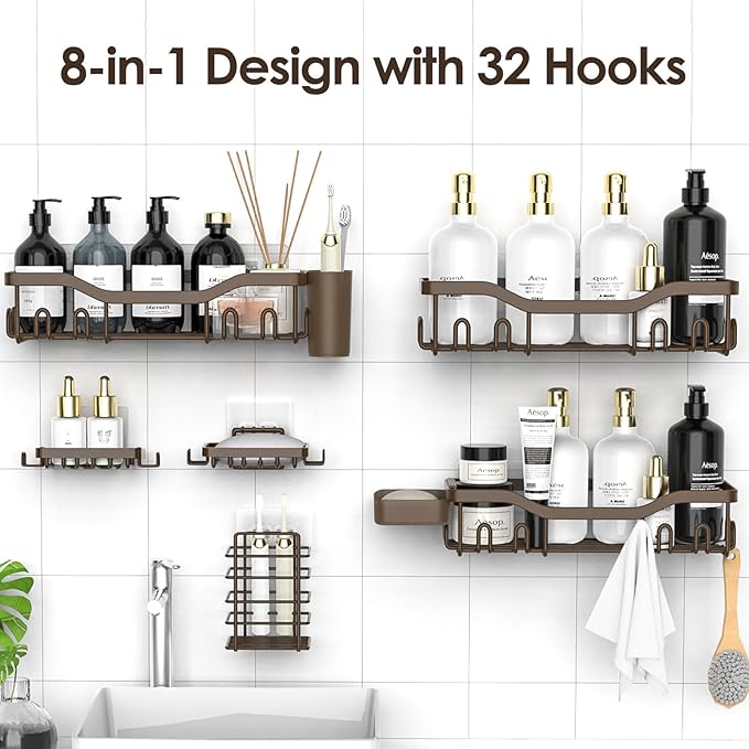 Shower Caddy Adhesive Shower Organizer 8-Pack, Rustproof Stainless Steel Bathroom Shelves, Large Capacity No-Drill Rack Storage Accessories with Soap Dish Toothbrush Holder Hooks - Bloomnest