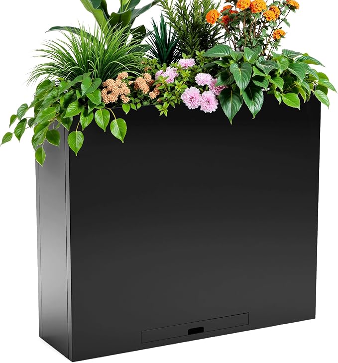KOL Galvanized Steel Planter Box, with Insert Tray Drainage Holes, Rectangular Black Powder Coated Metal Planter, Outdoor Use, Heavy Duty Modern Flower Pot (Black, 36" H x 11" W x 32" L) - Bloomnest