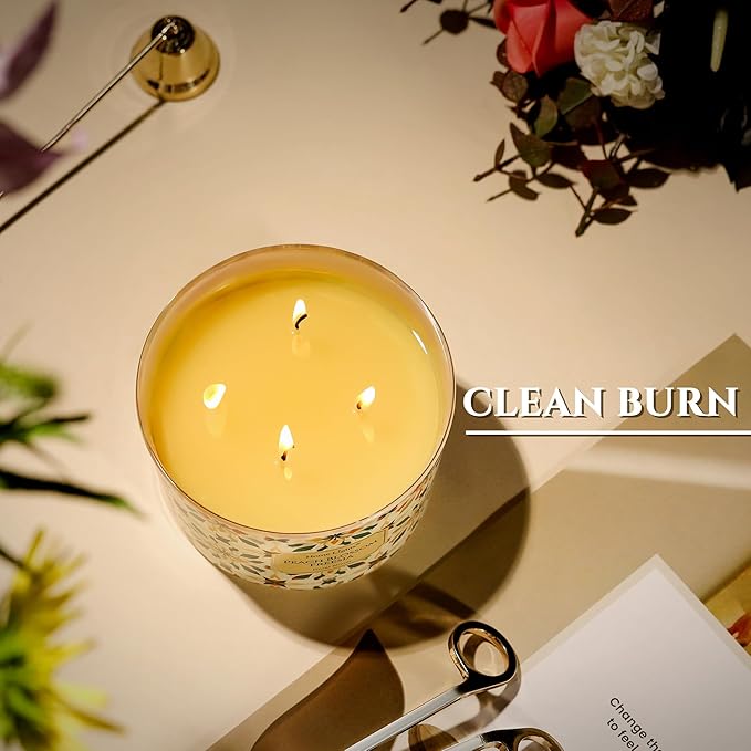 HomeLights Soy Wax Candles for Home Scented, 4-Wick Candles in Peach Blossom Freesia Scented, Aromatherapy Candles Gift for Parties, Relaxing, Bohemian Natural Textures, 18oz - Bloomnest