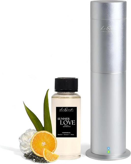 Aroma Scent Diffuser Starter Kit for Up to 1000SQ. FT. Coverage - 120ML Waterless Essential Oil Scent Included - Luxury Aroma Diffuser Ideal for Home, Office & Hotel (Silver, Summer Love) - Bloomnest