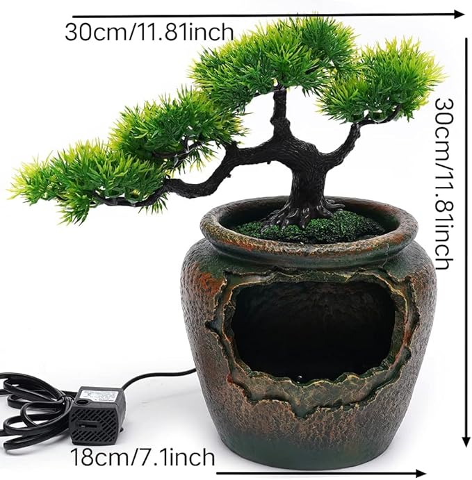 12Inch Fake Bonsai Tree Small Waterfall Fountain Indoor Tabletop Decoration with LED Lights and Water Flow, Resin Desktop Water Fountains Indoor Home Decor or Festival Birthday Surprise - Bloomnest