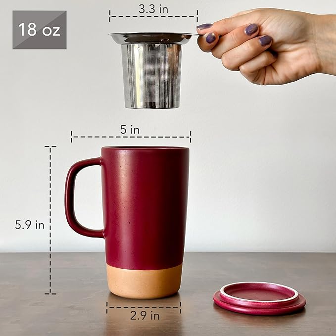 Mora Ceramics Large Tea Mug with Loose Leaf Infuser and Ceramic Lid, 18 oz, Portable, Microwave and Dishwasher Safe, Tall Coffee Cup - Rustic Matte Ceramic Glaze, Modern Herbal Tea Strainer, Merlot - Bloomnest