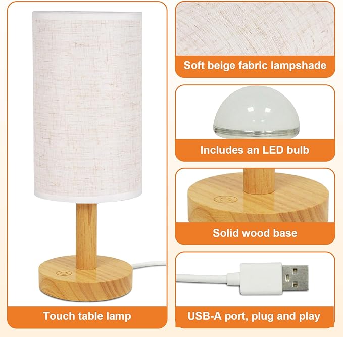 Small Touch Table Lamp with Stepless Dimming&USB Plug,Natural Round Wood Base&Linen Fabric Shade |Soft Ambient Warm Night Light|Minimalist Boho Bedside Lamp for Bedroom,Nightstand,Nursery,Kitchen,Dorm - Bloomnest
