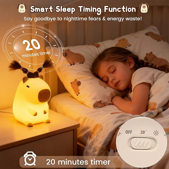 Cute Capybara Night Light with DIY Hairstyle ,Funny Squishy Silicone Animal Night Lamp, Dimmable/Timer Nursery Nightlight for Kids, Rechargeable Touch Bedside Lamp, Bedroom Decor, Baby Boys Girls Gift - Bloomnest
