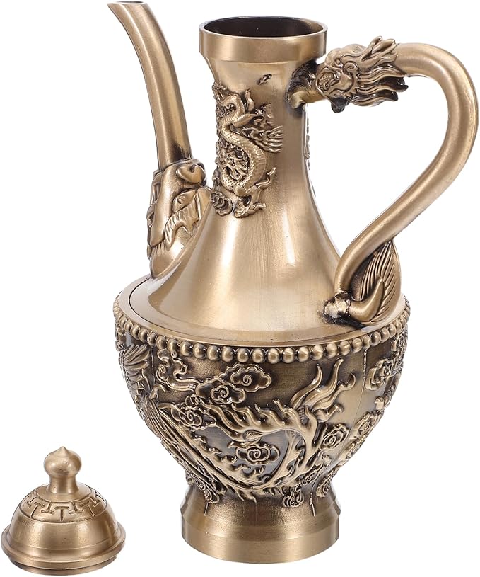 LOGOFUN Vintage Dragon Embossed Brass Tea Pot 300ml Chinese Retro Kettle for Coffee Serving Decor - Bloomnest