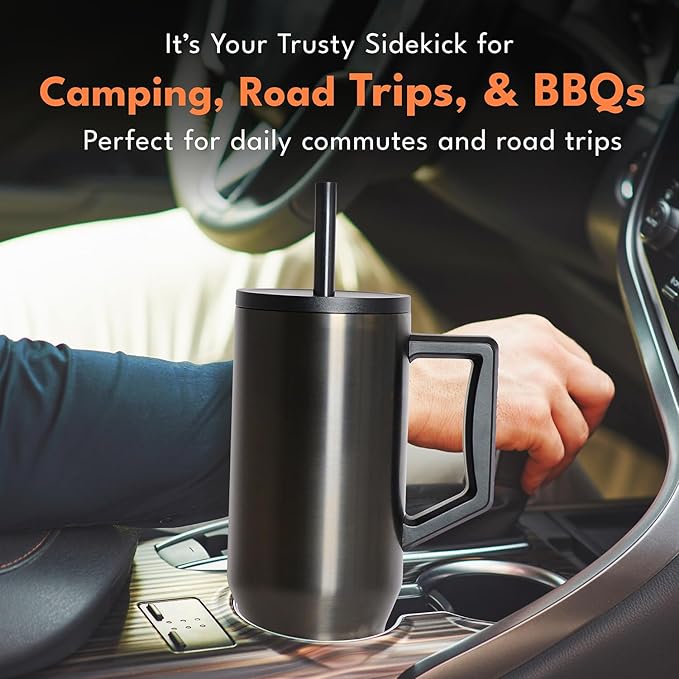 Elemental 40 oz Tumbler with Handle and Straw - Spill Proof Insulated Stainless Steel Commuter for Hot and Cold Beverages - Travel Coffee Mug with 2 Straws & Spill Proof Lid - 40oz- Gunmetal - Bloomnest