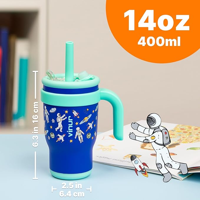 VINUR Kids Tumbler with Handle 14 oz Stainless Steel Double Wall Vacuum Insulated Tumbler with Lid and Straw, Leak Proof Water Cup for Travel (Astronaut) - Bloomnest