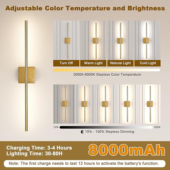 31.5 Inch Battery Operated Wall Sconce Set of Two, 8000mAh USB Rechargeable Wall Sconce with Remote Control, 360°Rotate Dimmable 3000K-6000K LED Wall Lights for Living Room, Hallway, Bedroom, Gold - Bloomnest