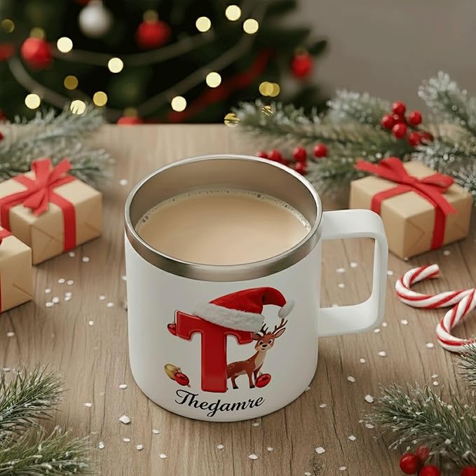 Personalized Christmas Mug | Custom Reindeer Initial Insulated Coffee Cup with Handle & Lid | 12oz Holiday Tumbler, Cute Stocking Stuffer Gift for Kids & Family (B19) - Bloomnest