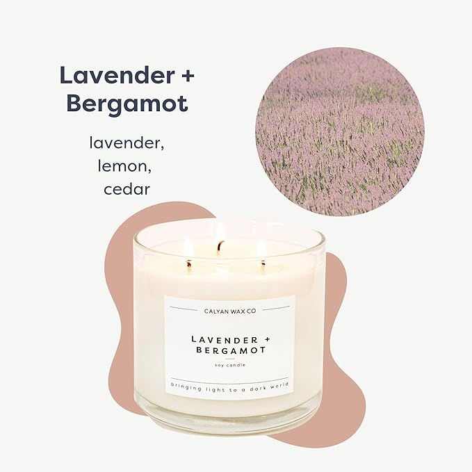 Calyan Wax Co. Lavender & Bergamot 3 Wick Scented Candle - 43 Hour Burn - Luxury 3 Wick Soy Candles - Non Toxic Soy Wax Candles - Long Lasting Large Glass Jar Candle for Home - 14.9oz - Bloomnest