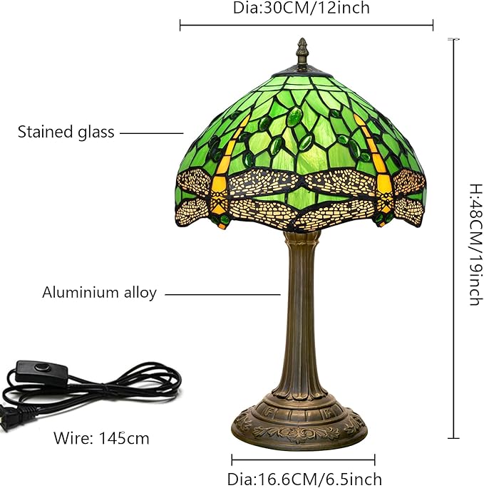 Tiffany Lamp Green Dragonfly Stained Glass Table Lamp 12X12X18 Inches Green Dragonfly Style Desk Reading Light Decor Beside Bedroom Living Room Home - Bloomnest